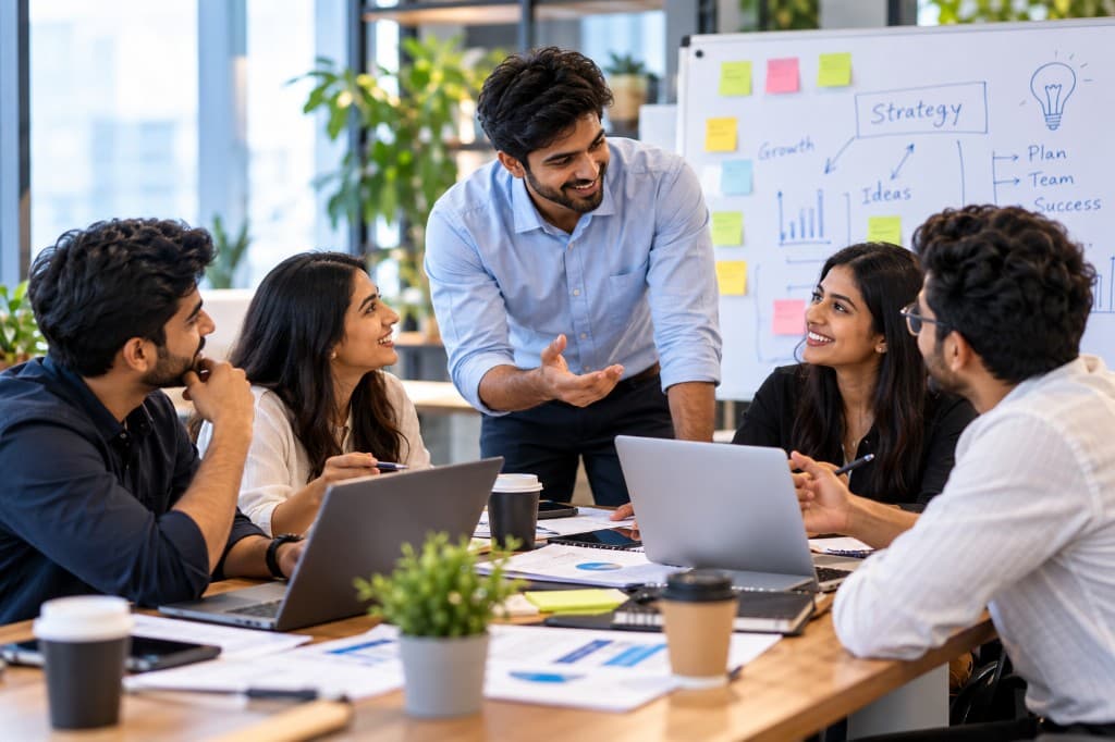 A TalentBank team collaborating around a strategy meeting