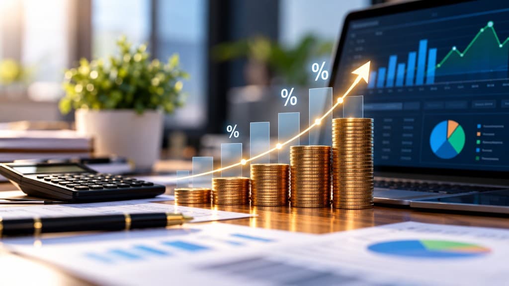 Stacked gold coins with rising commission percentages beside a financial dashboard
