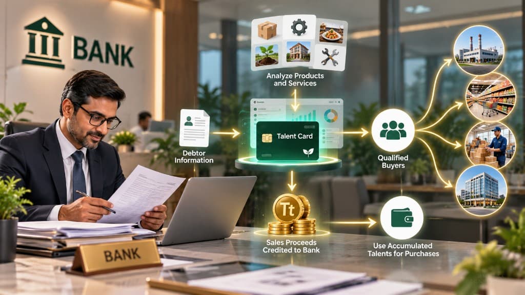 Easy Recovery System for banks: debtor information analyzed through Talent Card, matched with qualified buyers, and sales proceeds credited for Talent purchases