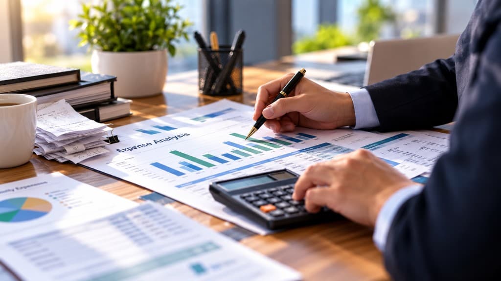 Reviewing an expense analysis report with charts and a calculator