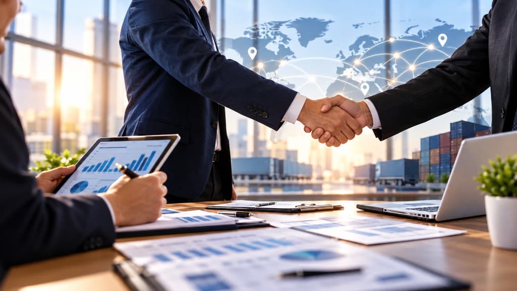 Handshake over a global network map with trade documents and a shipping port in the background