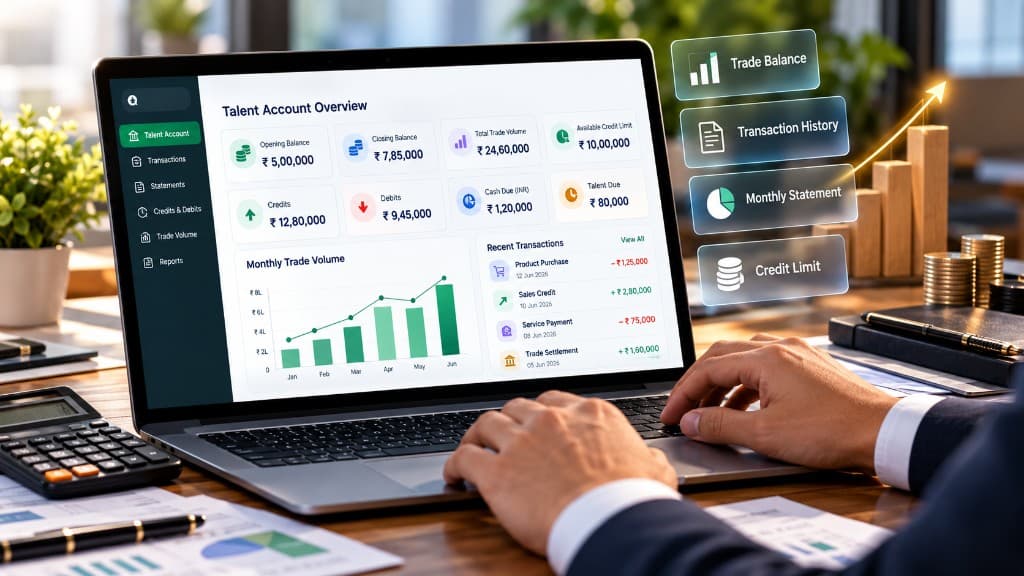 Talent Account overview showing balances, trade volume, and monthly statements