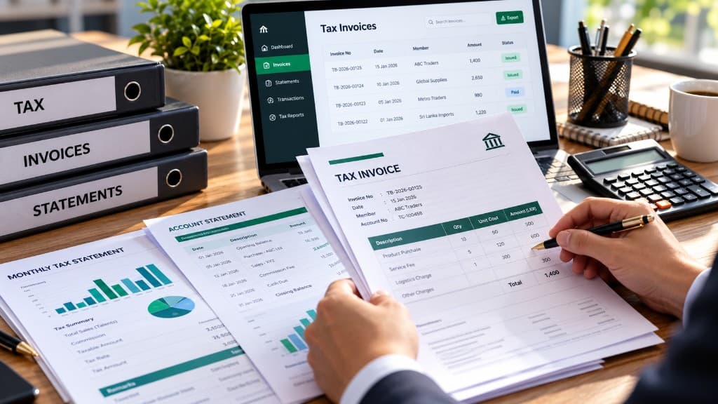 Reviewing a tax invoice and account statement with the tax invoicing dashboard on screen