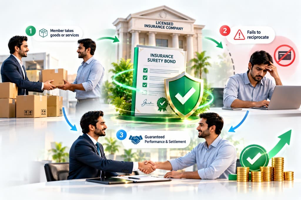 How the insurance surety bond works: member takes goods, fails to reciprocate, then guaranteed settlement