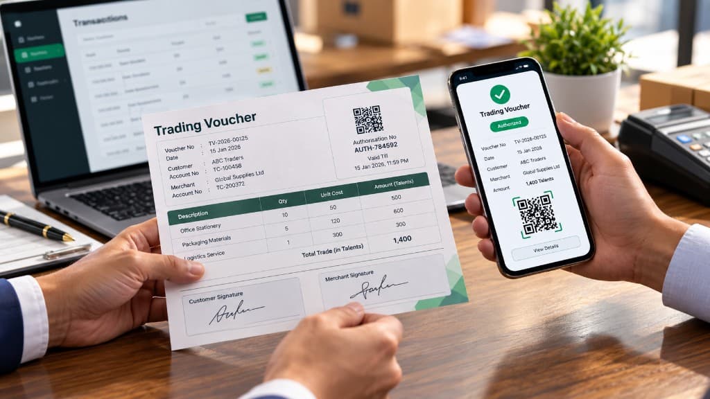 Physical Trading Voucher and digital voucher on a phone with authorization and QR code