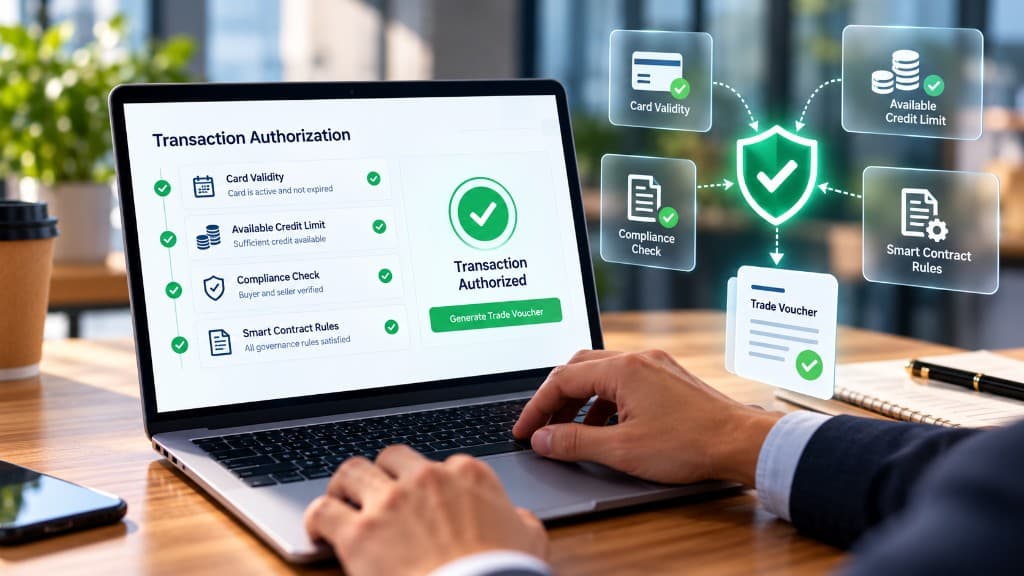 Transaction authorization checks for card validity, credit limit, compliance, and smart contract rules
