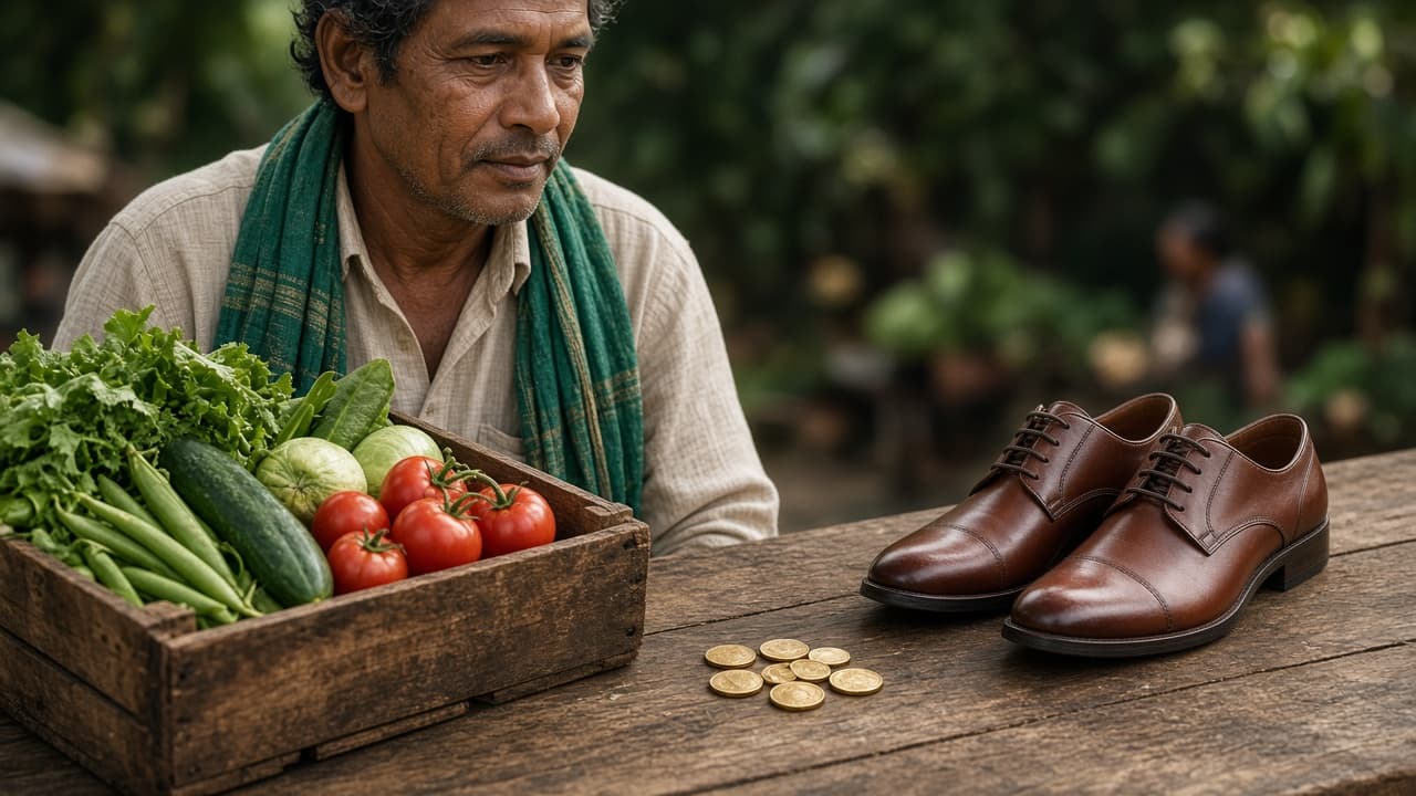 A farmer trading vegetables for a pair of shoes through the Talent Exchange