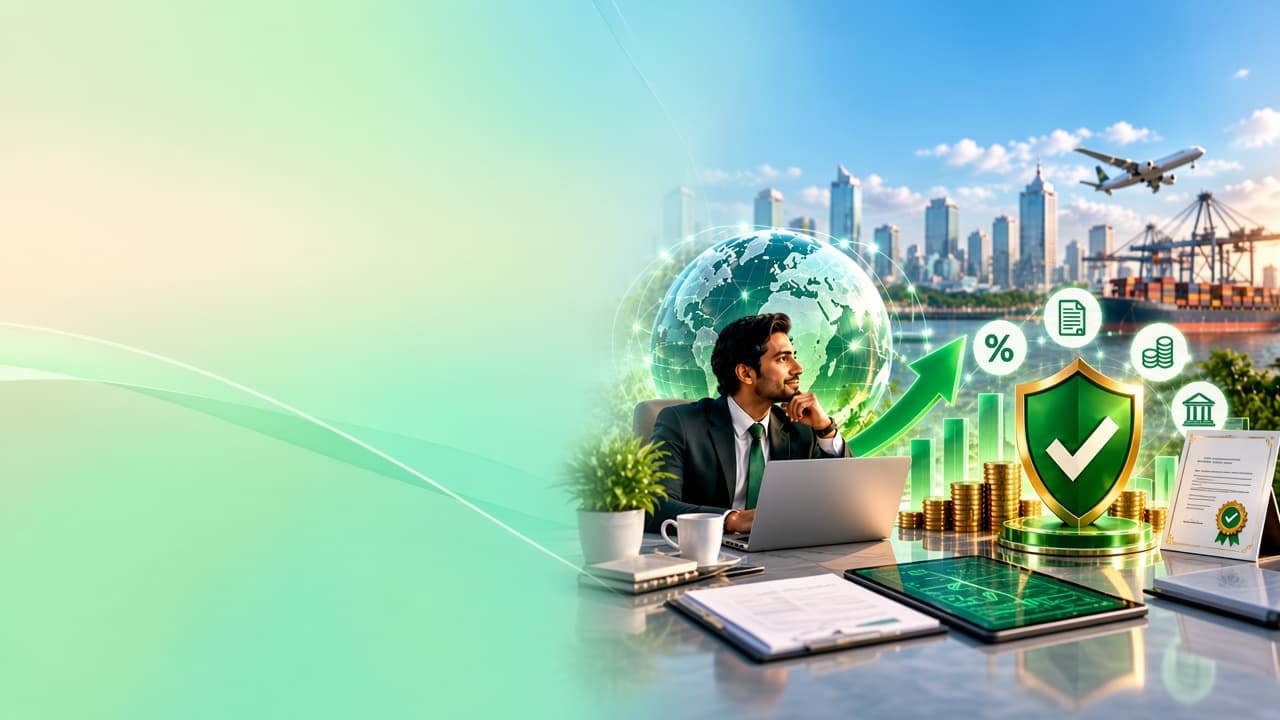 Talent Card commission banner with global trade, ledger, and compliance visuals