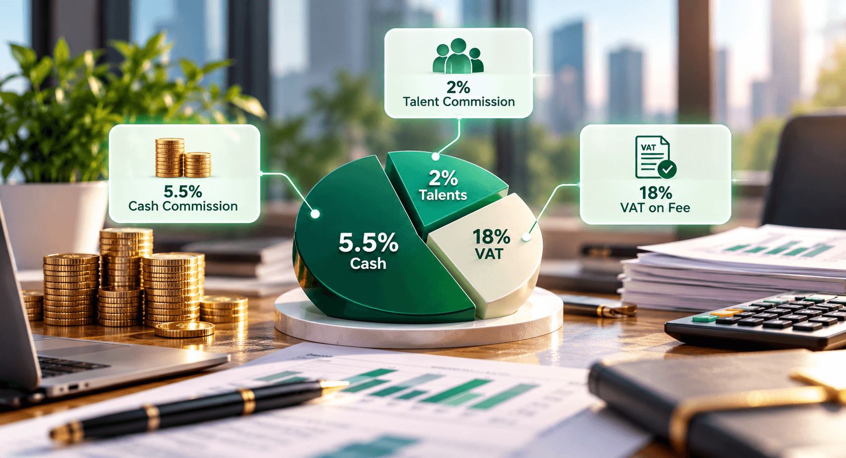 Commission model split across cash, Talents, and VAT