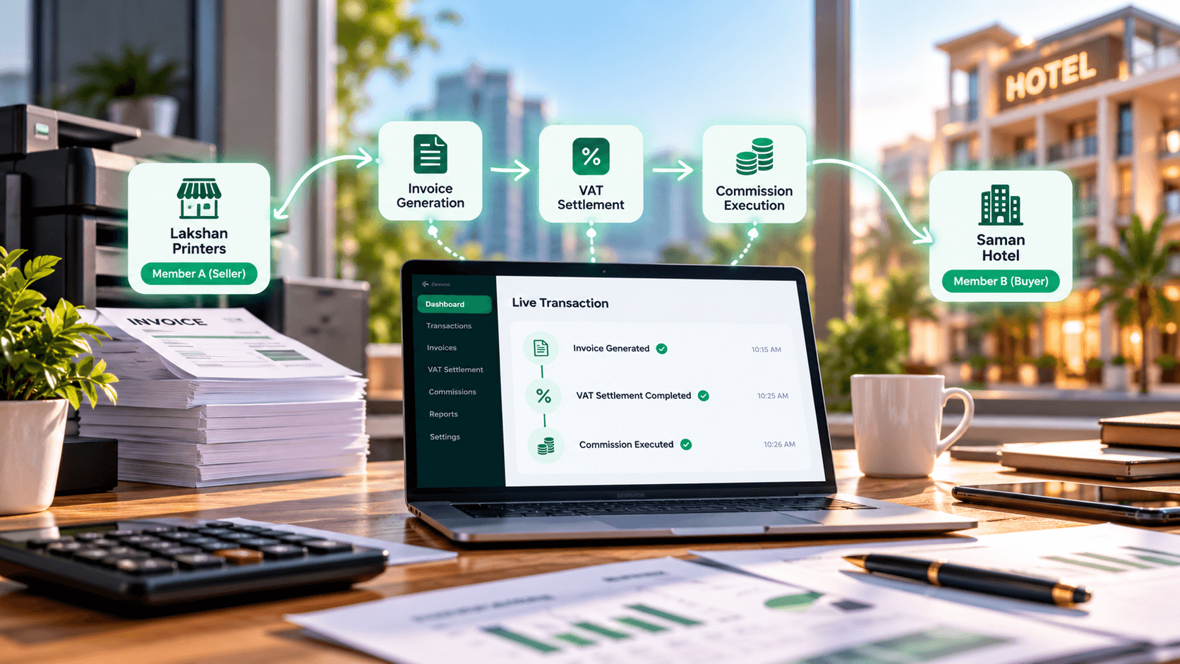 Live transaction flow from Lakshan Printers to Saman Hotel
