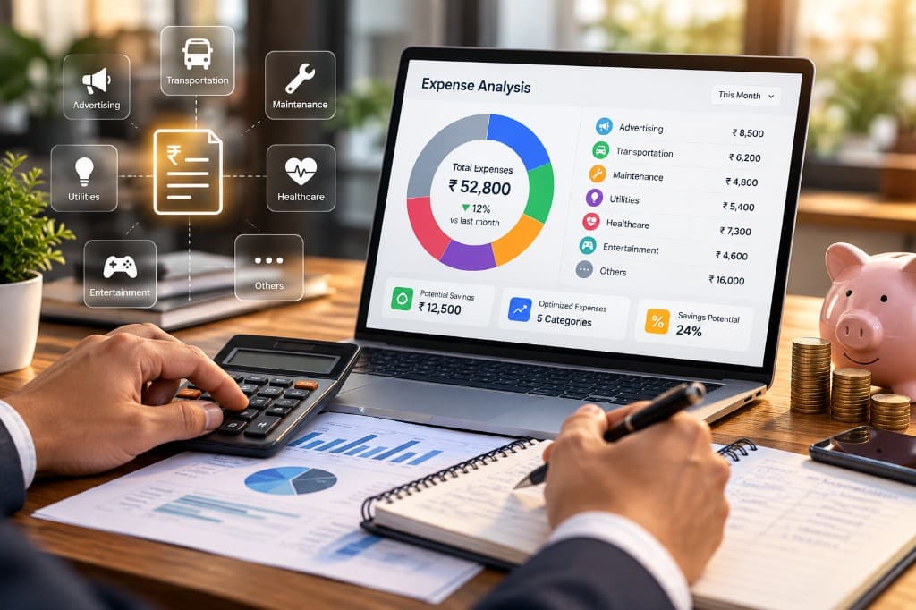 Expense analysis dashboard showing categories and potential savings